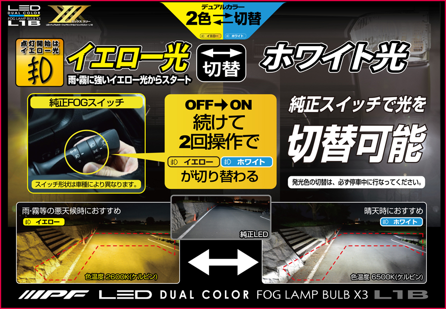 IPF / LED デュアルカラー フォグランプバルブ X3 L1B 2600K / 6500K
